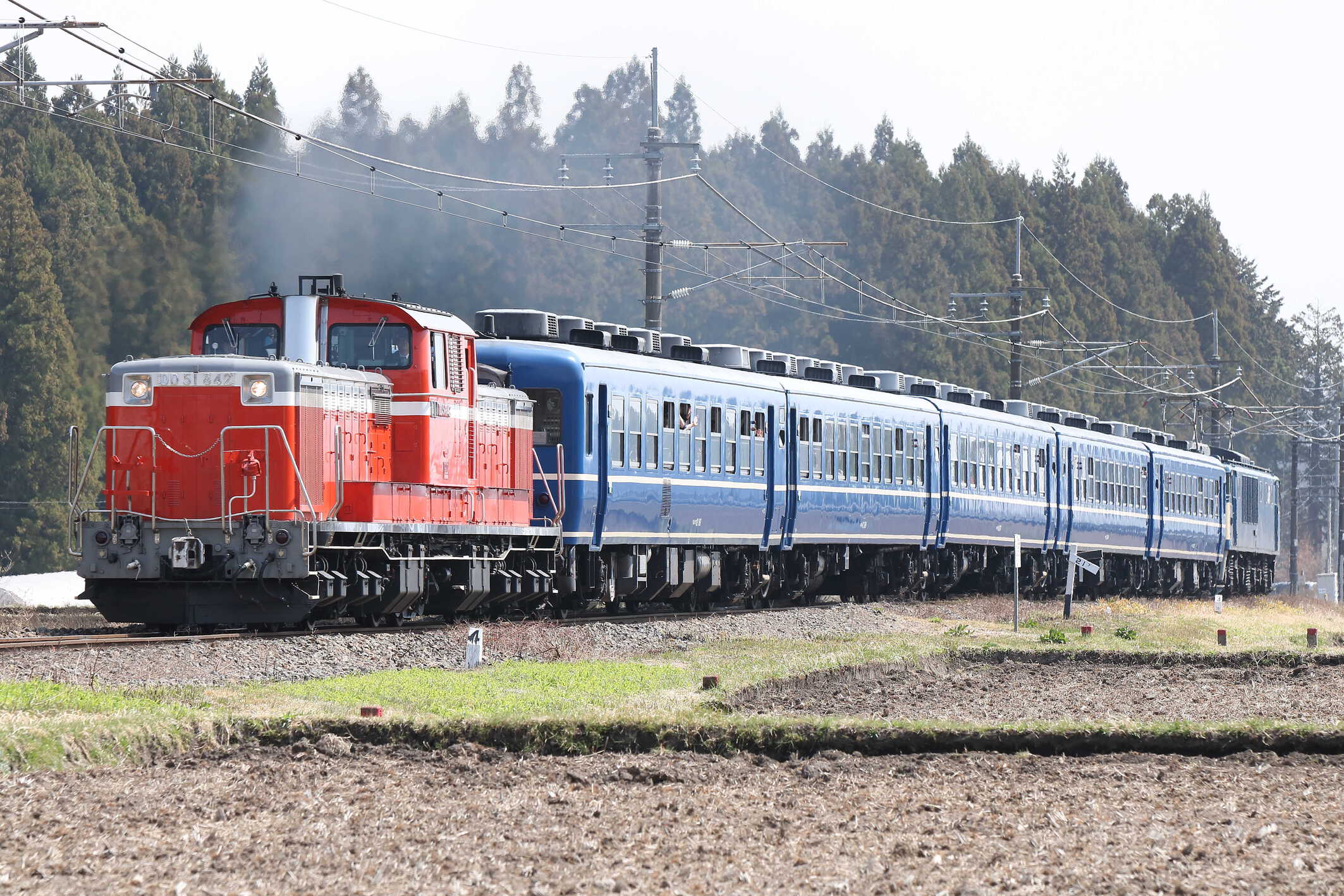 9825列車 快速 本物の出会い栃木号 DD51-842[高]+12系5両+EF64-1053[高]